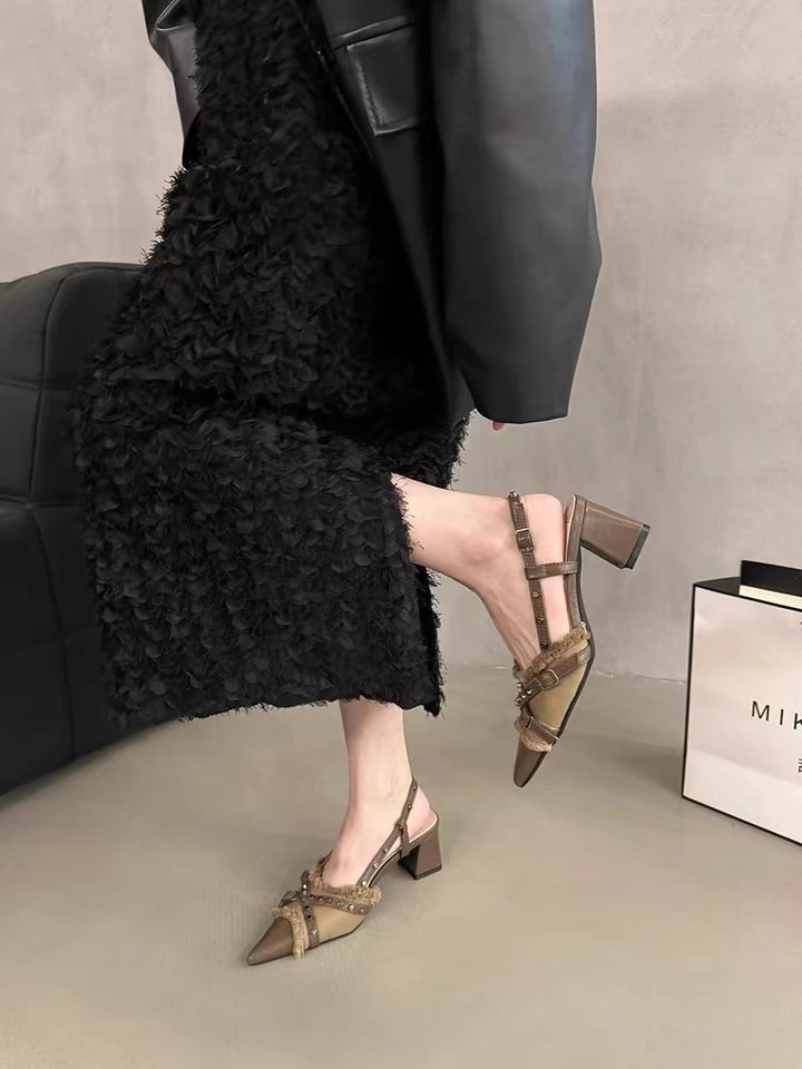 Dame Elegant Spidsed Tå Slingback Pumps med Blokhæl Stilla