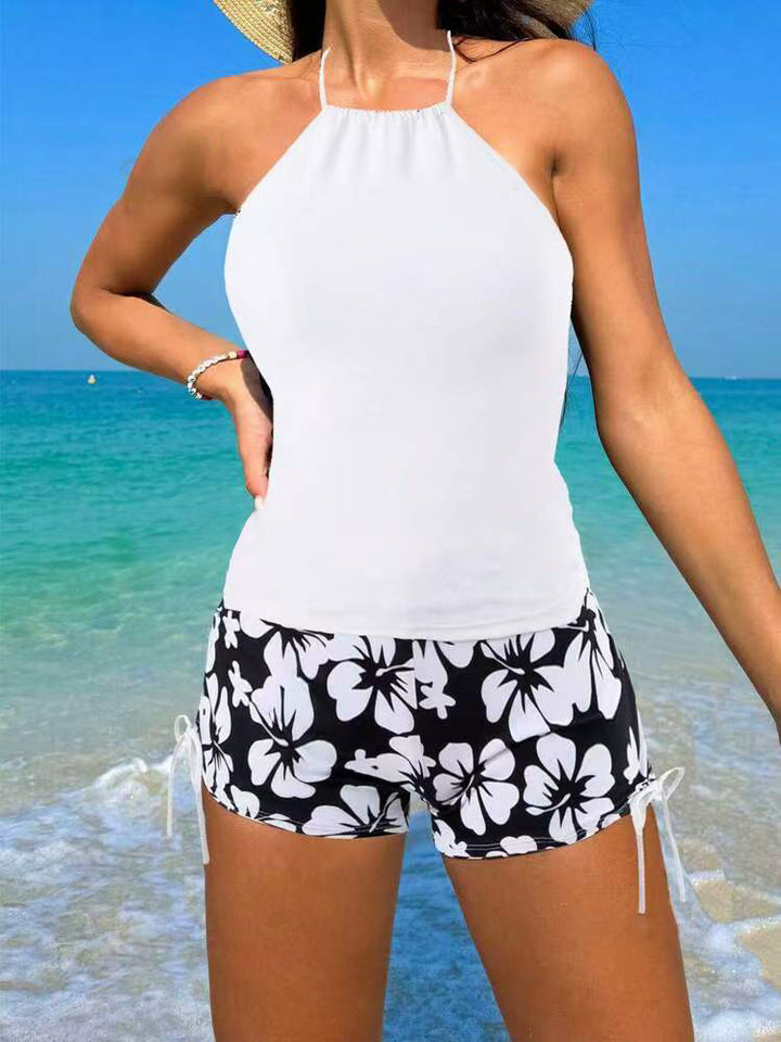 Dame Halterneck-badebadetøj med blomstertrykte shorts Stilla