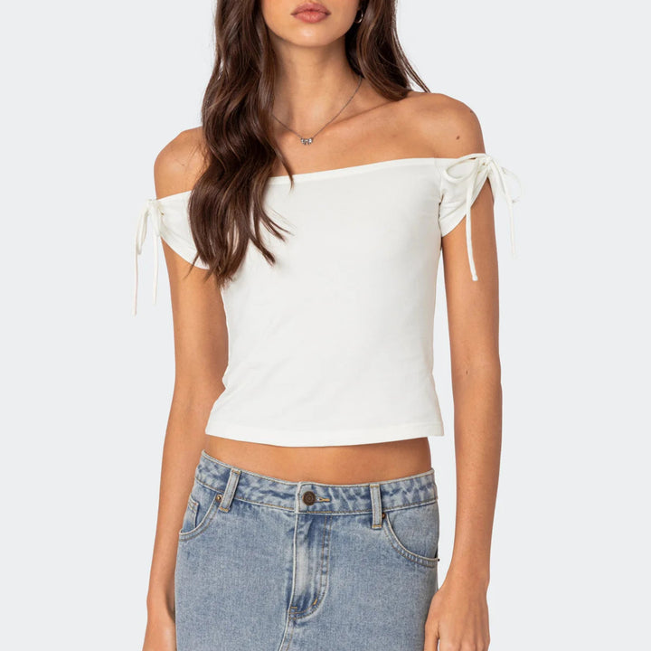 Dame raffineret Off-Shoulder T-shirt med elegante bindebånd Skovae