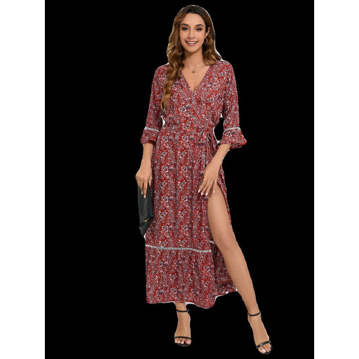 Femme Bohemian-Style Maxi Kjole med Rynkede Ærmer Stilla
