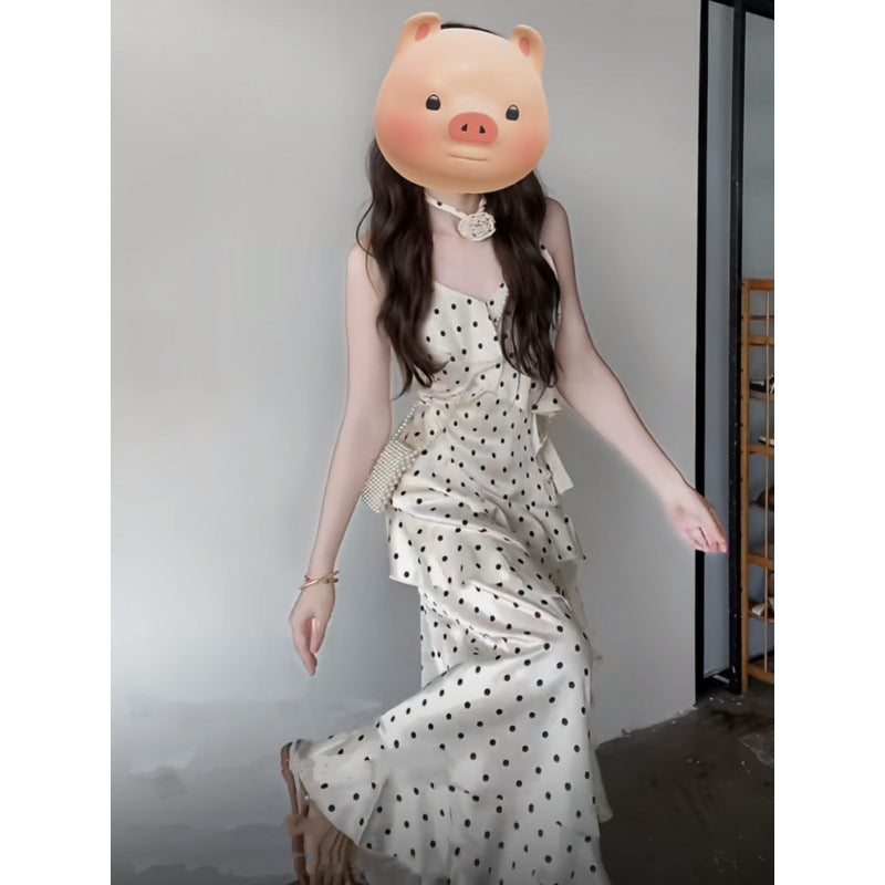 Femme Rüsch Polka Dot Spaghetti-strop Maxi-kjole Stilla