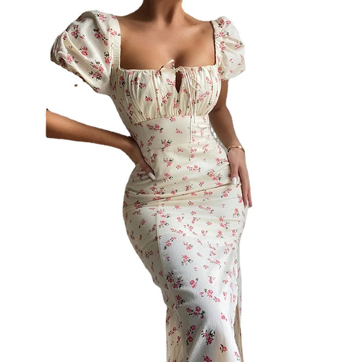 Dame Elegant Midikjole med Puffærmer og blomster mønster Stilla