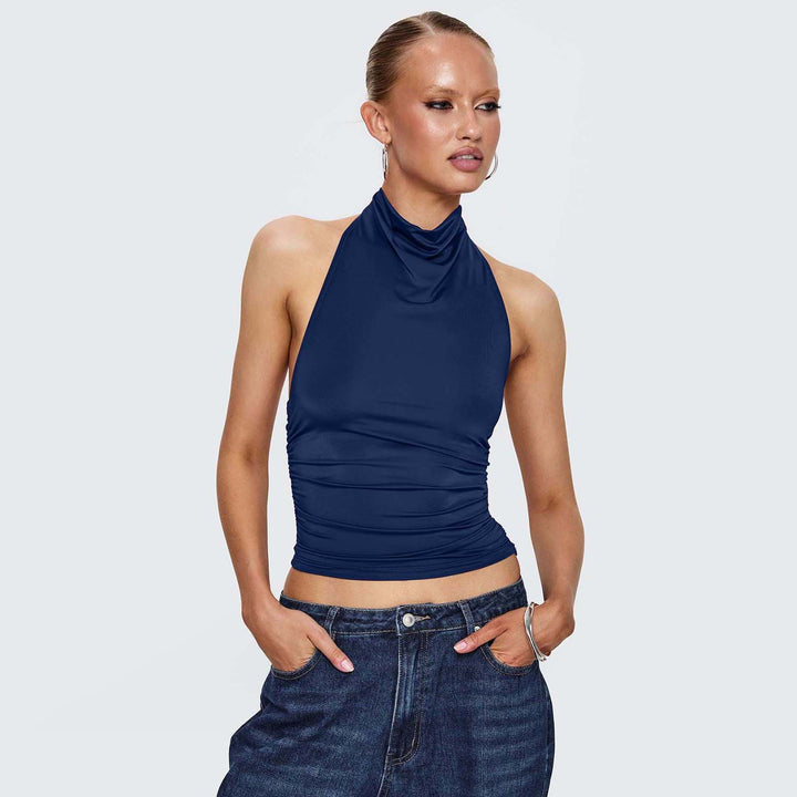 Dame afslappet crop-top med høj halsudskæring og dekorativ ruching Stilla