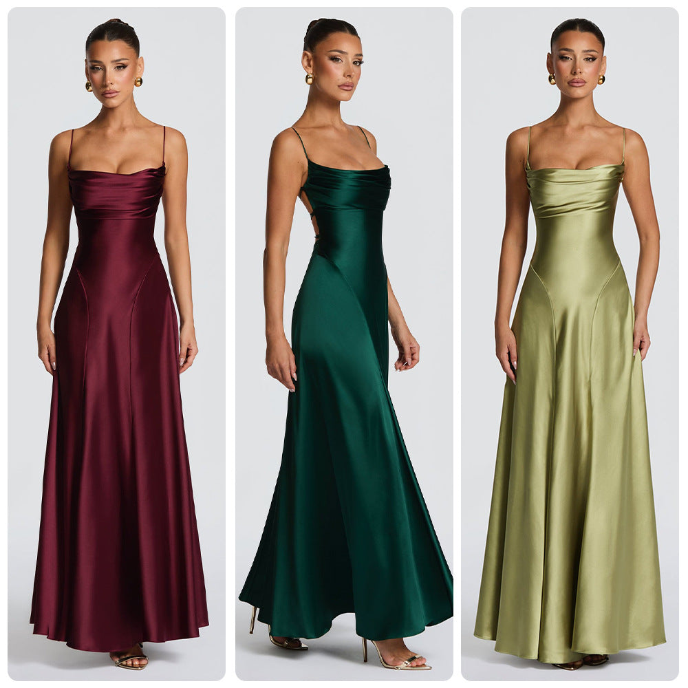 Kvindelig elegant maxi kjole med raffinerede spaghetti stropper og flydende satin Skovae