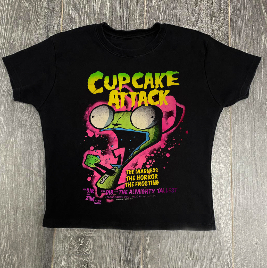 Dame T-shirt med kreativ cupcake-motiv og moderne print Skovae