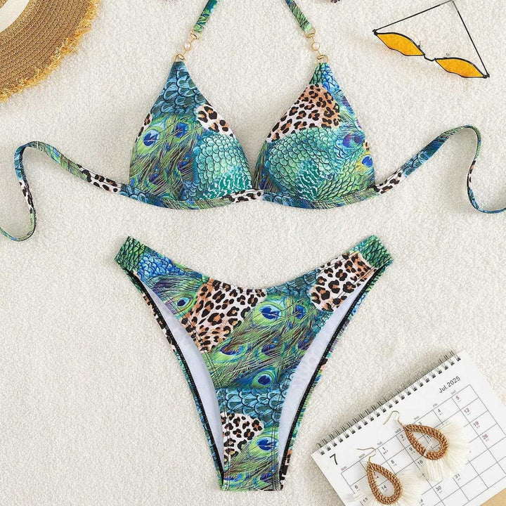 Dame Triangel-Bikini med livligt dyre- og påfuglemotiv Skovae