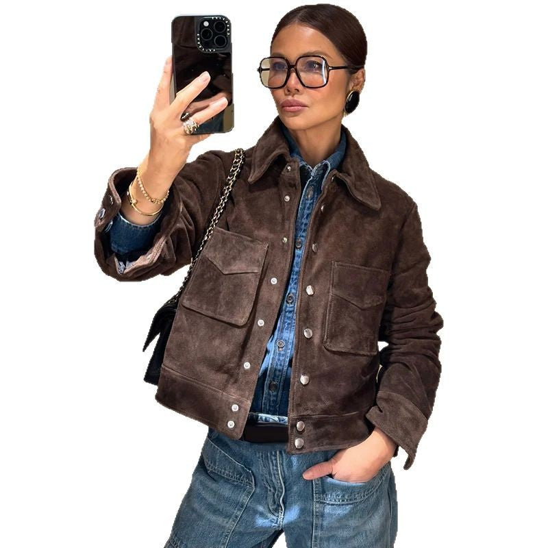Kvinders Mode Suede Jakke med Praktiske Lommer Stilla