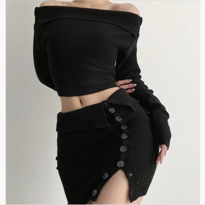 Dame Off-Shoulder Grovstrik Pullover og knaplukket Nederdel Sæt Stilla