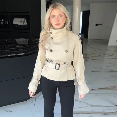 Dame mode kort trench coat med dobbeltrække af knapper og talje bælte Stilla