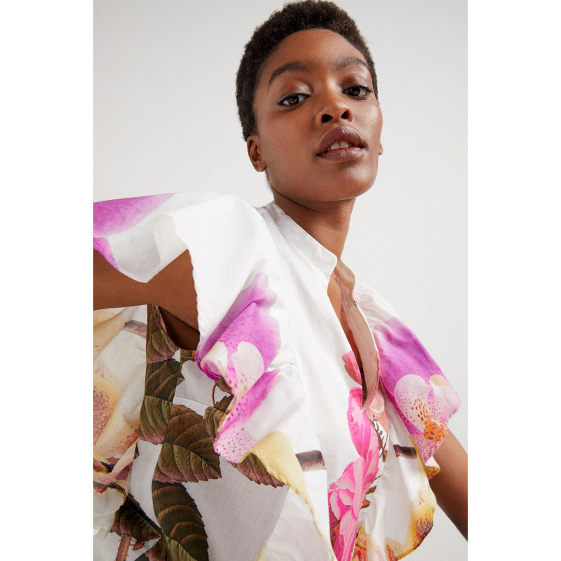Dame Floral Print Rüschenshirt og Vidde Bukser Sæt Stilla