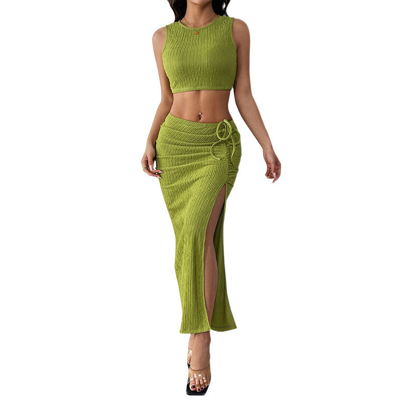 Femme Chic To-delt Crop Top og Maxi-nederdel Sæt med Side-slids Stilla