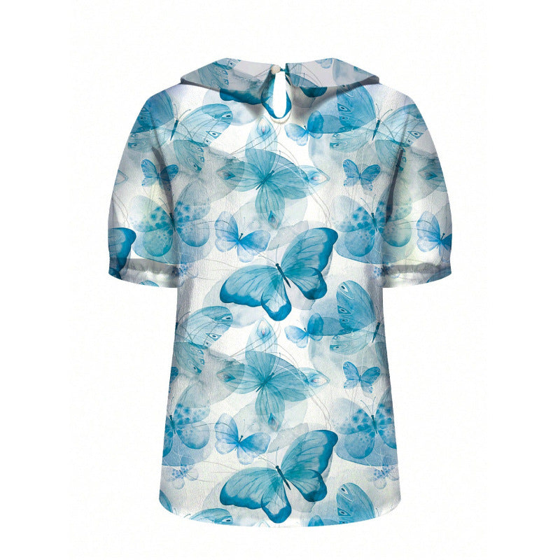 Dame kortærmet bluse med florale accenter og klassisk krave Skovae