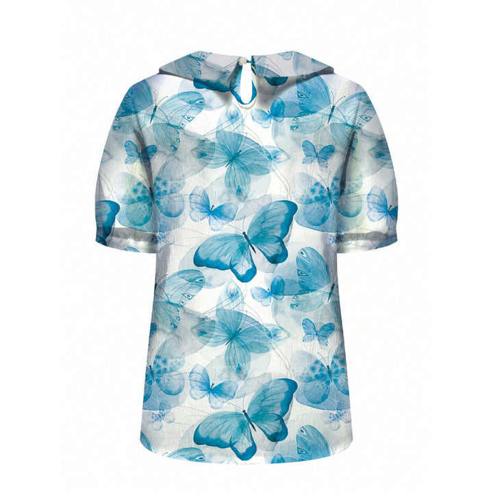 Dame kortærmet bluse med florale accenter og klassisk krave Skovae