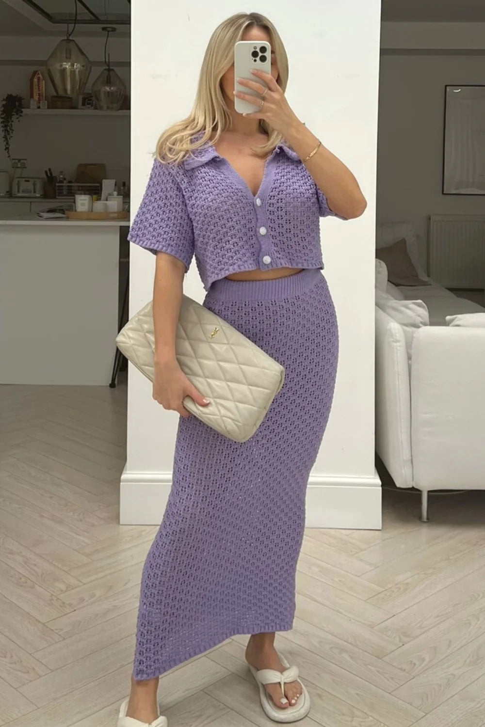 Dame Lækkert Strik Sæt med elegant Crop-Top og Maxiskørt Stilla