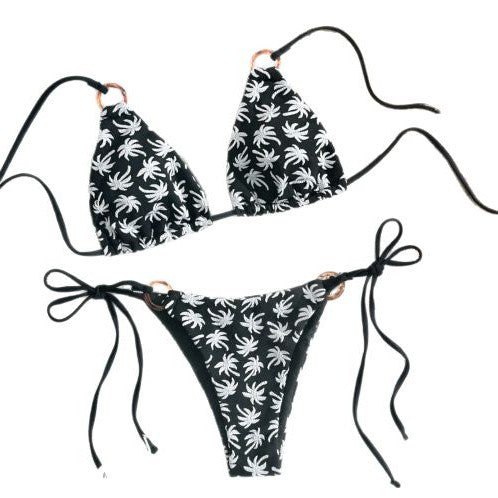 Dame Triangel-Bikini-Sæt med legesygt palmeblad-mønster og justerbare bindebånd Stilla