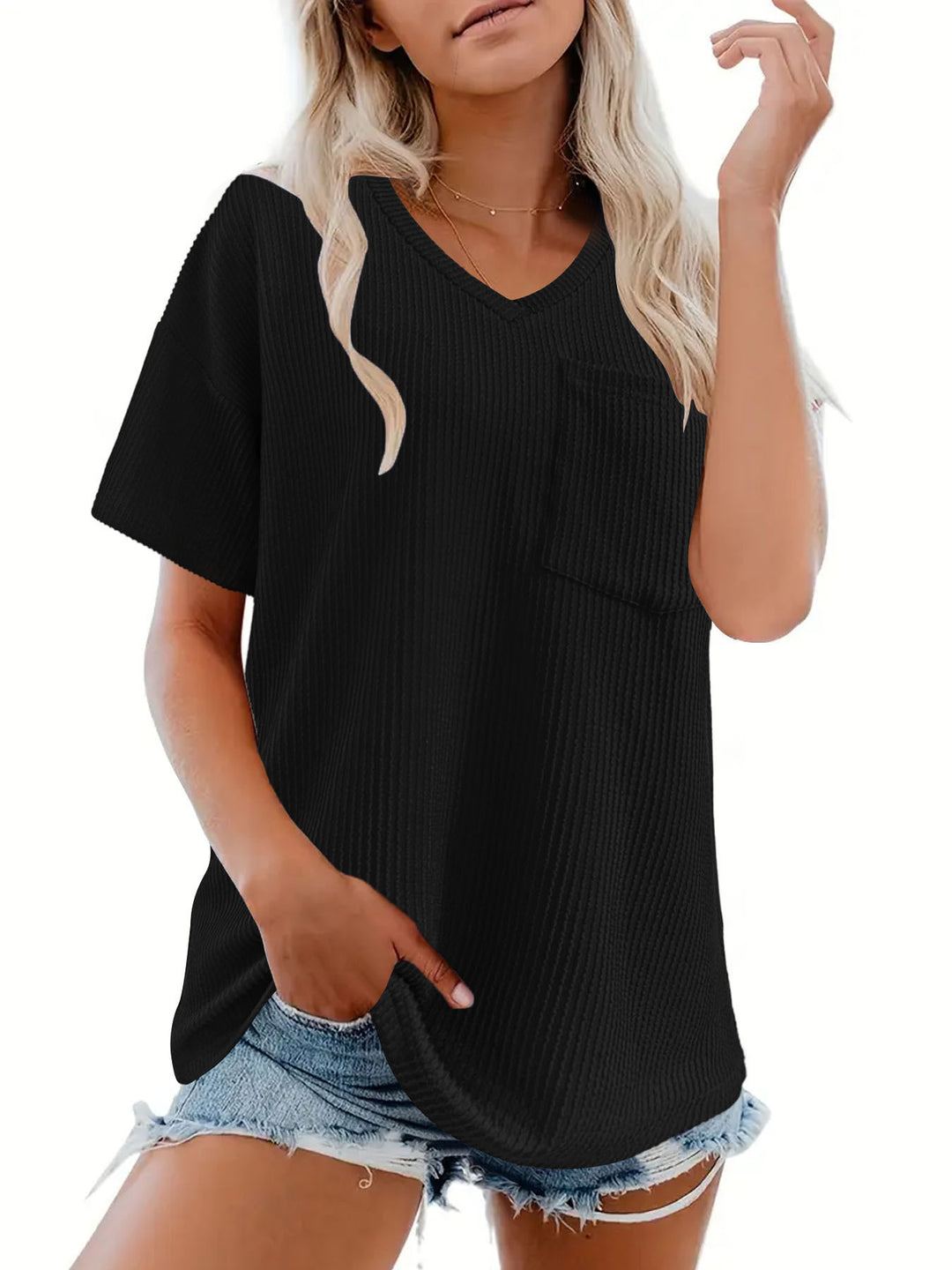 Dame V-hals T-shirt med lomme struktur Stilla