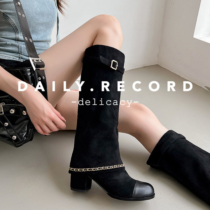Femme Elegante Over-kneet Suede Blokhæl Støvler med Kæde Detalje Stilla