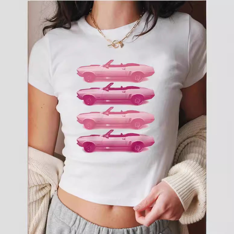 Dame cropped T-shirt med eksklusivt hestemotiv og figurtilpasset snit Skovae