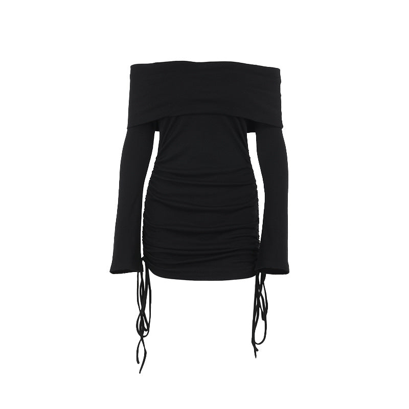 Dame Off-Shoulder Mini Kjole med Rynke og Lange Ærmer Skovae