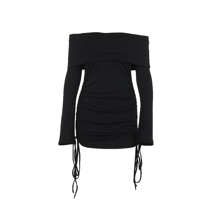 Dame Off-Shoulder Mini Kjole med Rynke og Lange Ærmer Skovae