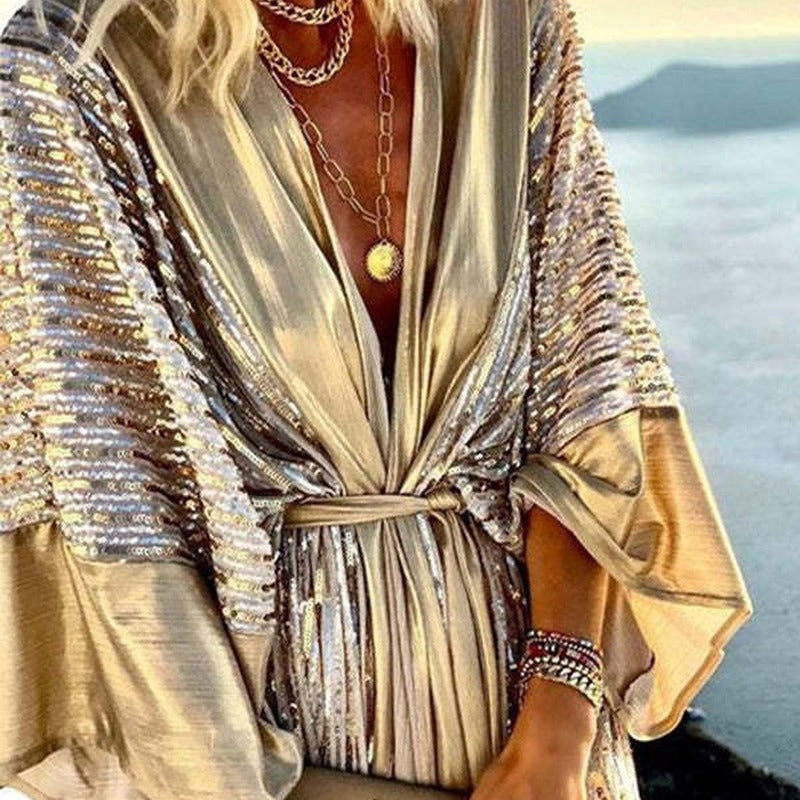 Dame Kaftan Kjole med glitrende folder og svingende kant Stilla