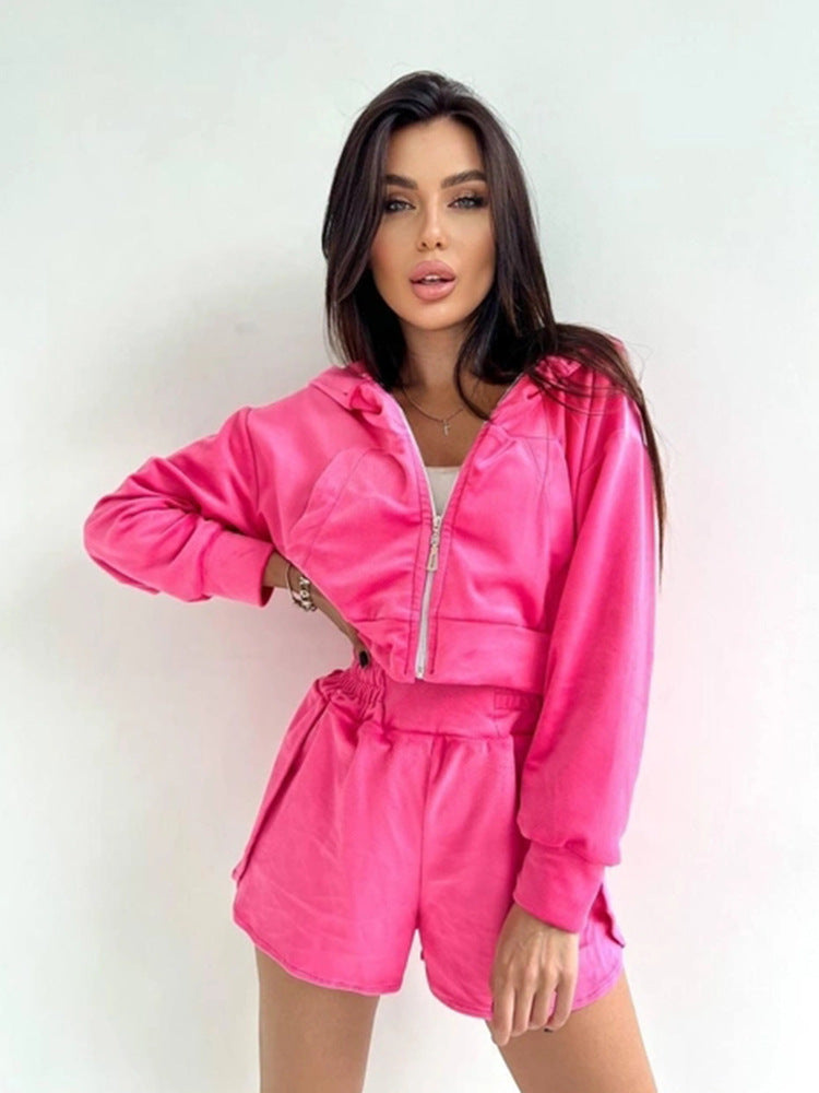 Kvinders sporty cropped hoodie og shorts sæt Skovae