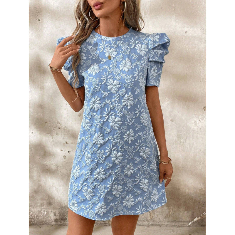 Damen Kurzarmkleid mit voluminiösen Ärmeln und floralen Stickereien Skovae