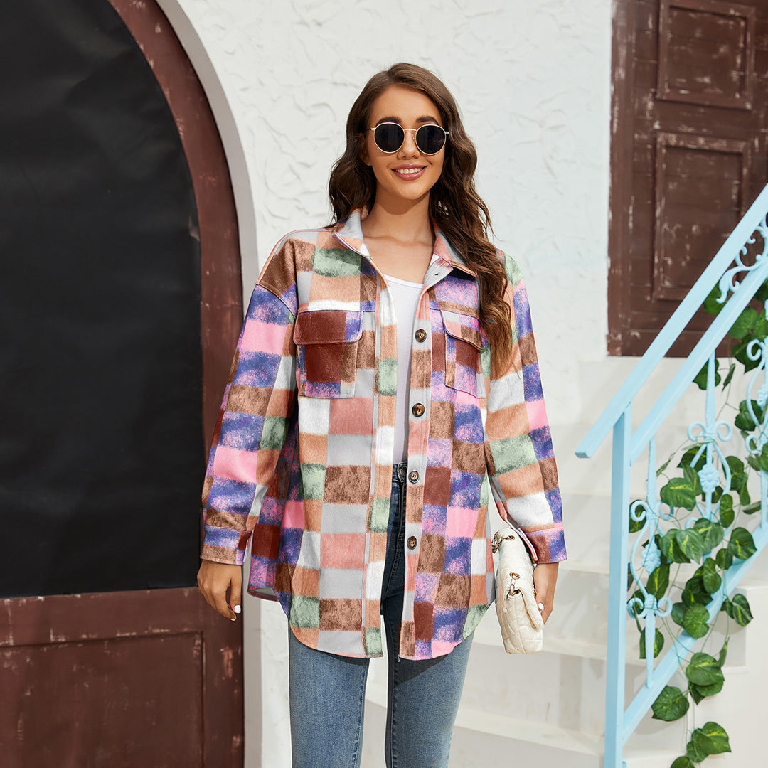 Dame Tjekket Flannel Jakke med Praktiske Lommer og Oversized Snit