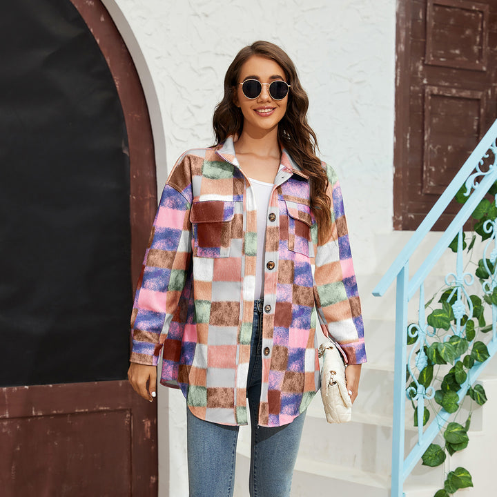 Dame Tjekket Flannel Jakke med Praktiske Lommer og Oversized Snit