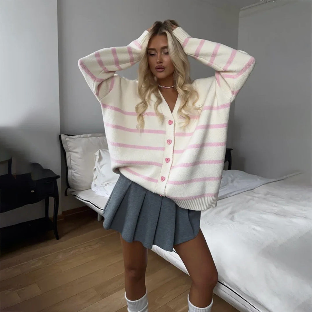Kvinder chunky strikket cardigan med fine striber Stilla