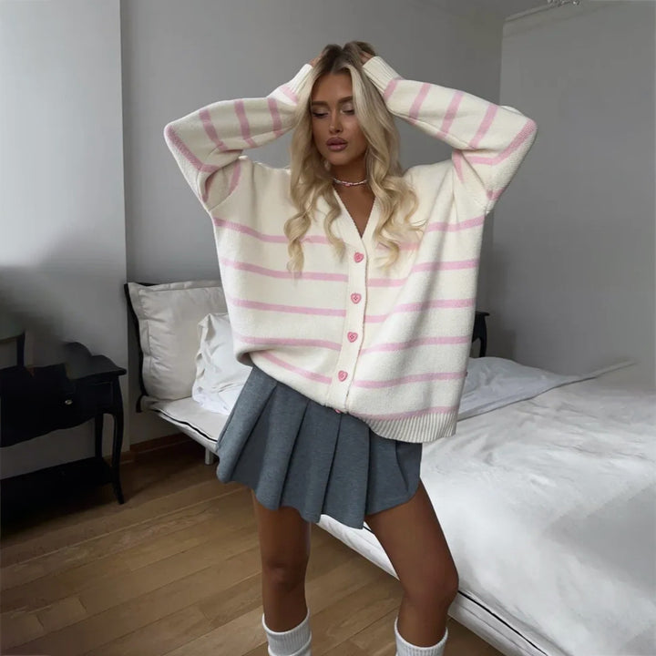 Kvinder chunky strikket cardigan med fine striber Stilla