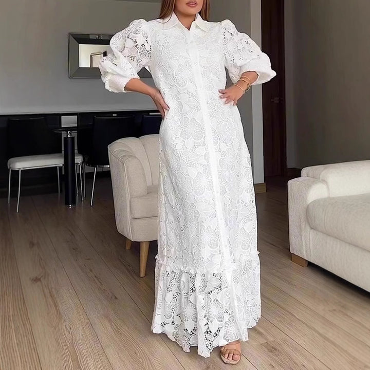 Kvinder Elegant Blonde Maxi Kjole med Voluminøse Ærmer Stilla