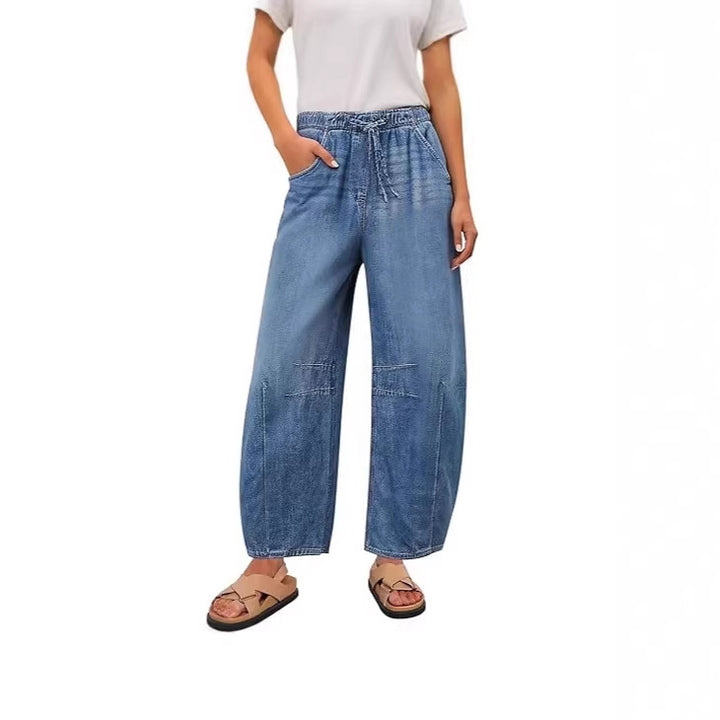 Dame bredde denim-bukser med elastisk talje og praktisk snit Skovae
