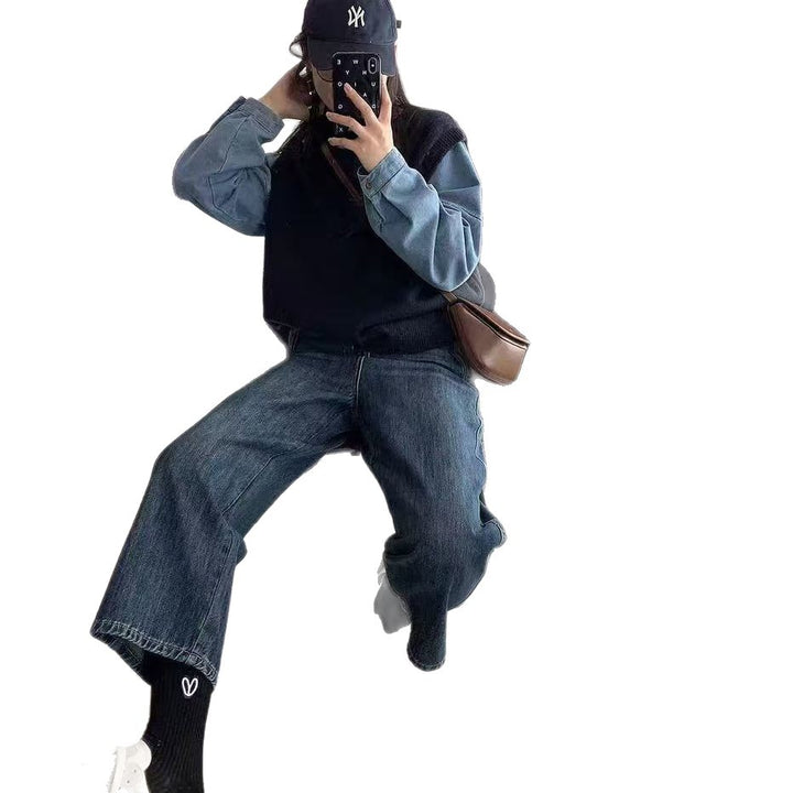 Dame Strik Sweater med Denim Ærmer Stilla