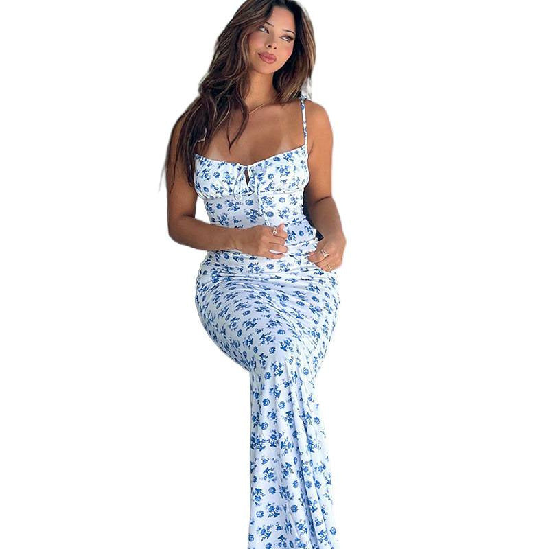 Dame Maxikjole med blomsterprint og strapless design Skovae