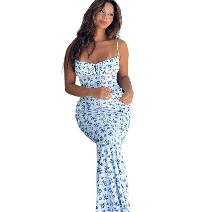 Dame Maxikjole med blomsterprint og strapless design Skovae