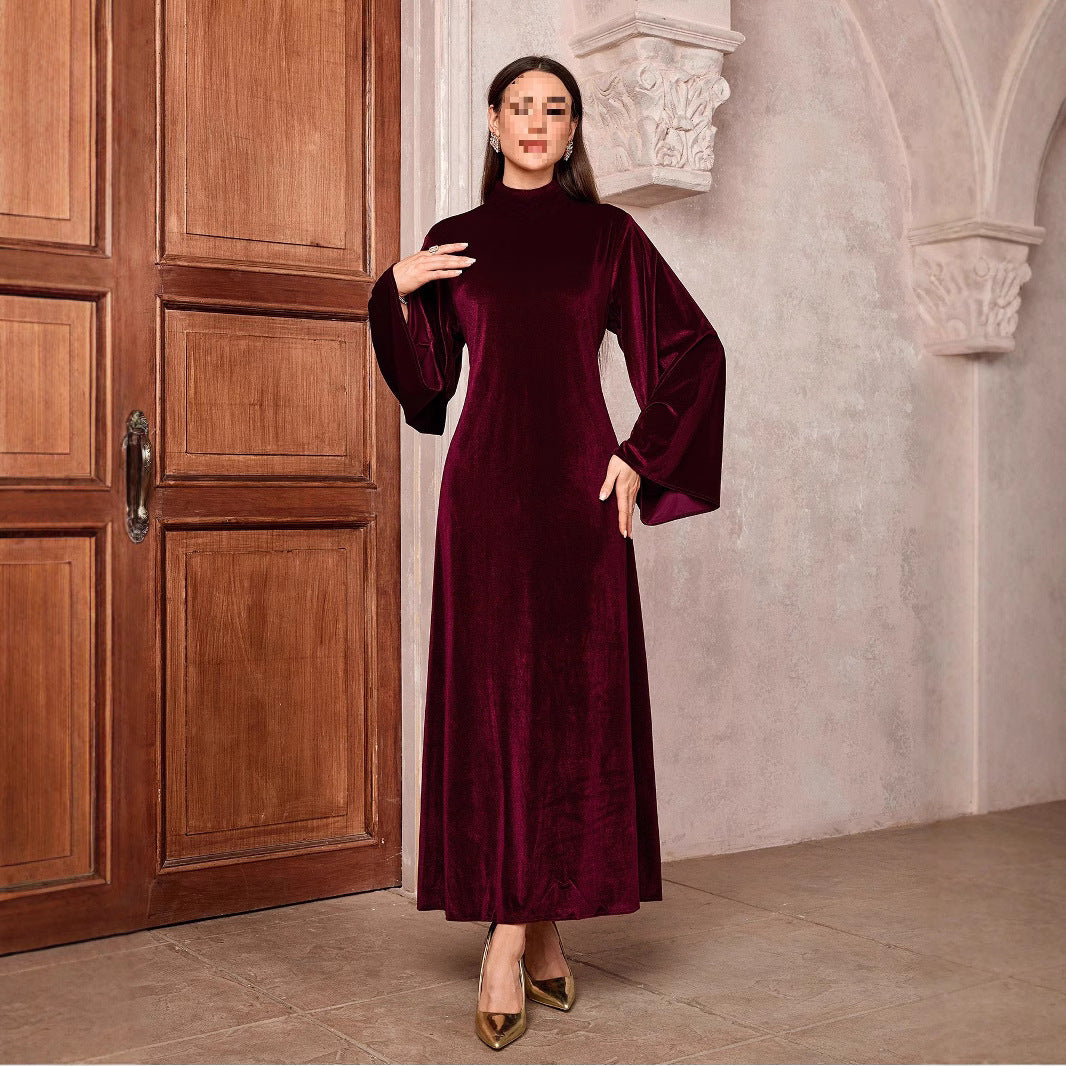 Dame velour kjole med elegant ståkrave og voluminøse ærmer Stilla