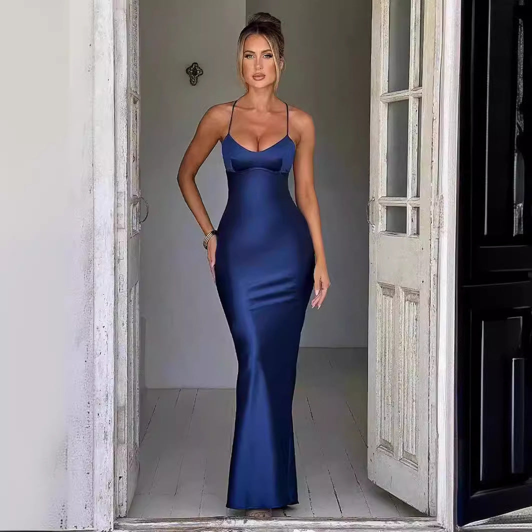 Damer Elegant Satin Maxi Kjole med Dyb V-Udskæring og Slim Fit