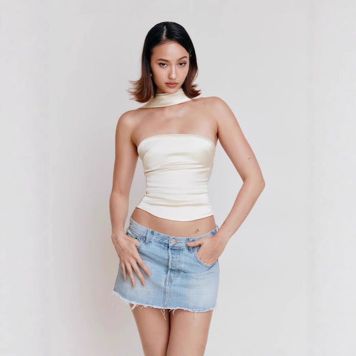 Femme Elegante Stropløse Satin-top med Choker Stilla