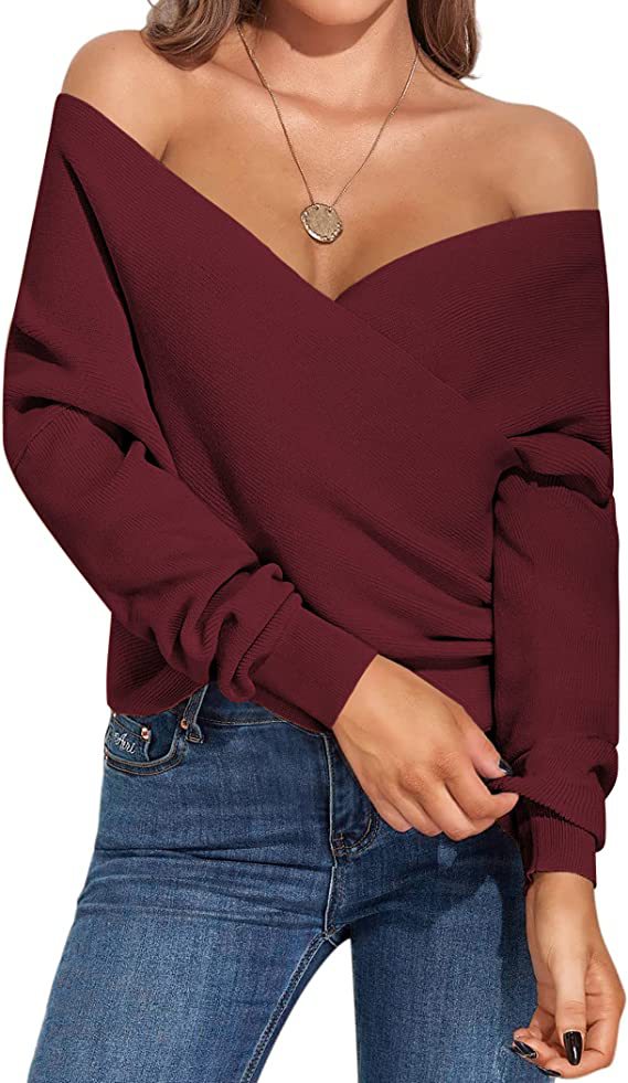 Dame Off-Shoulder Strikketrøje med Wickeldesign Stilla