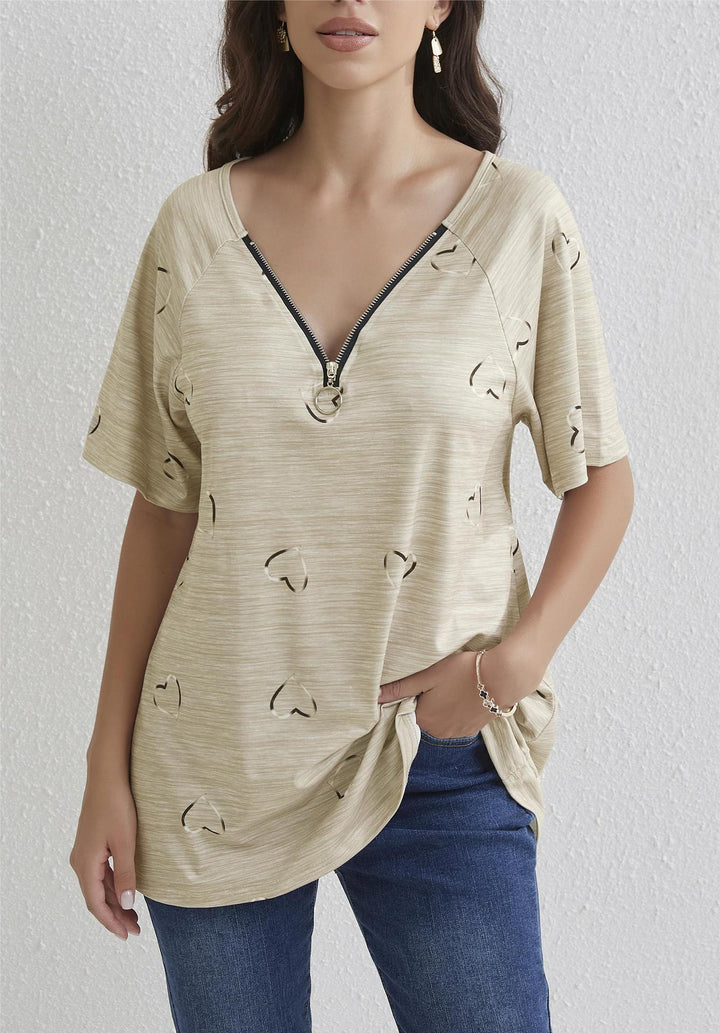 Dame moderne oversized T-shirt med halvtransparent hjerte design og moderne lynlås Stilla