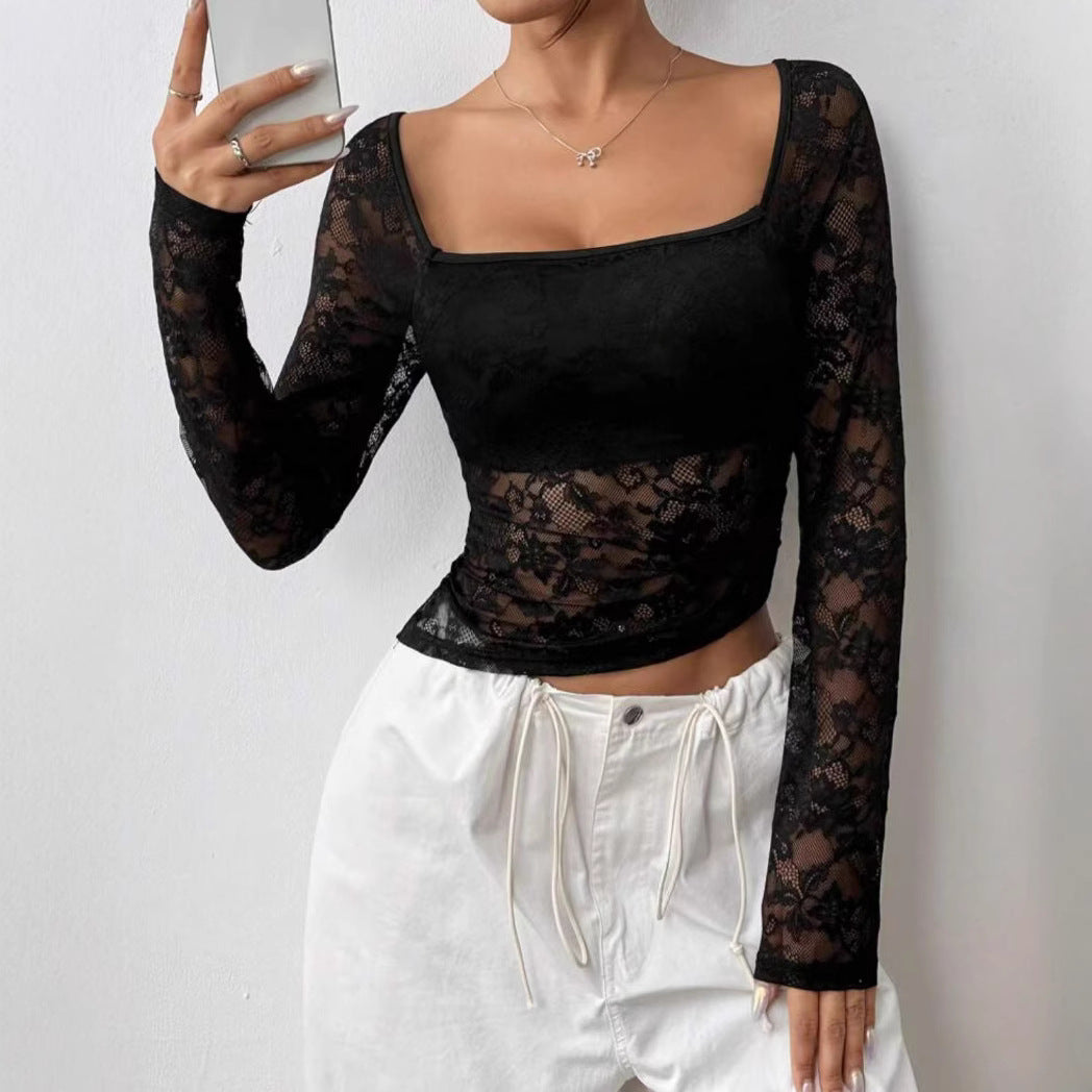 Dame Elegant Langærmet Top i Blonder Skovae
