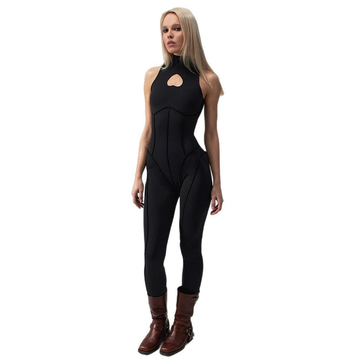 Dame Elegant Bodycon- jumpsuit med hjerteformet udskæring og høj krave Skovae