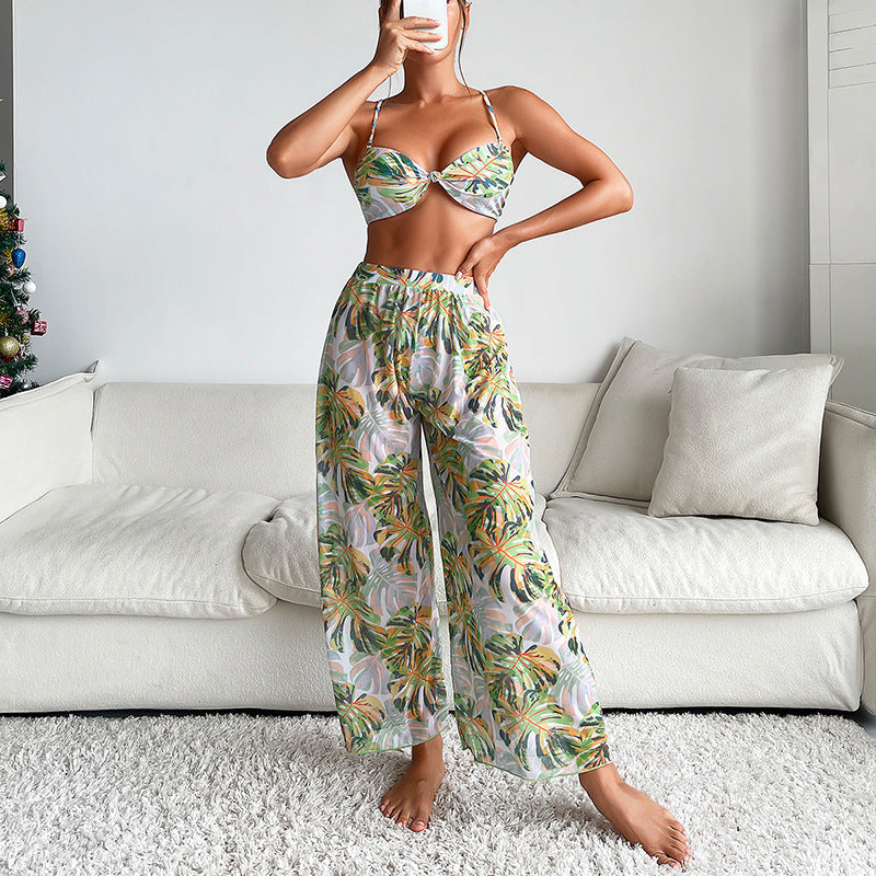 Dame bikiniset med blomster kimono og bindebånd Stilla