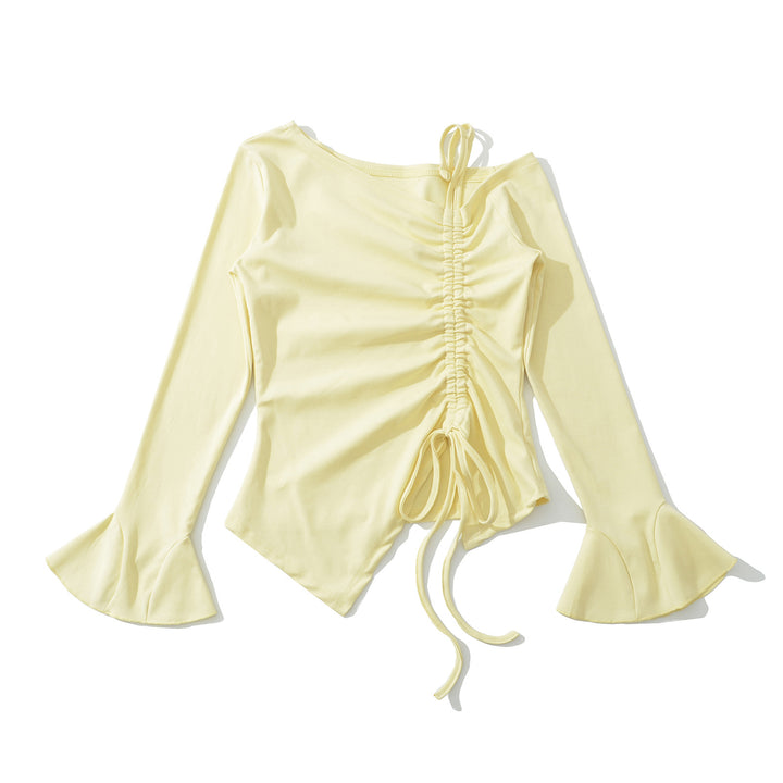 Dame asymmetrisk langærmet overtøj med elegant draperet design og fashionable ruffle detaljer Stilla