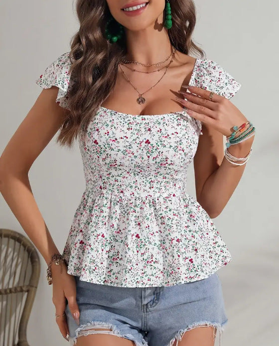 Dame Rynket Blomst Peplum Bluse Stilla