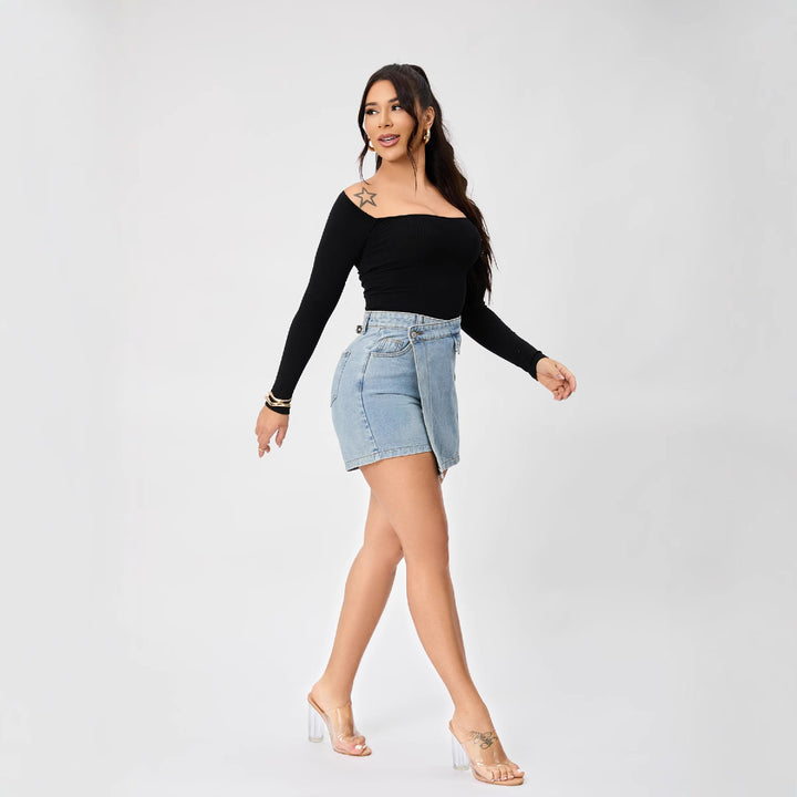 Dame Off-Shoulder Top med figursyet snit og jeansnederdel Stilla