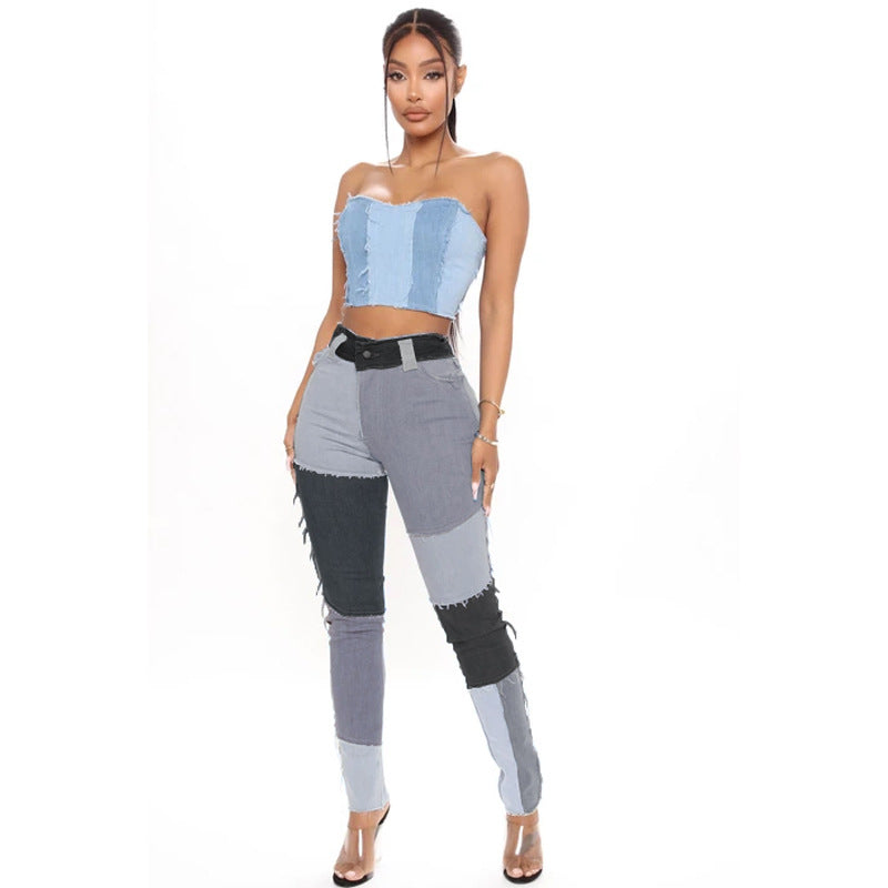 Dame Patchwork Jeans og Bustier-Top Sæt med figursyet snit Stilla