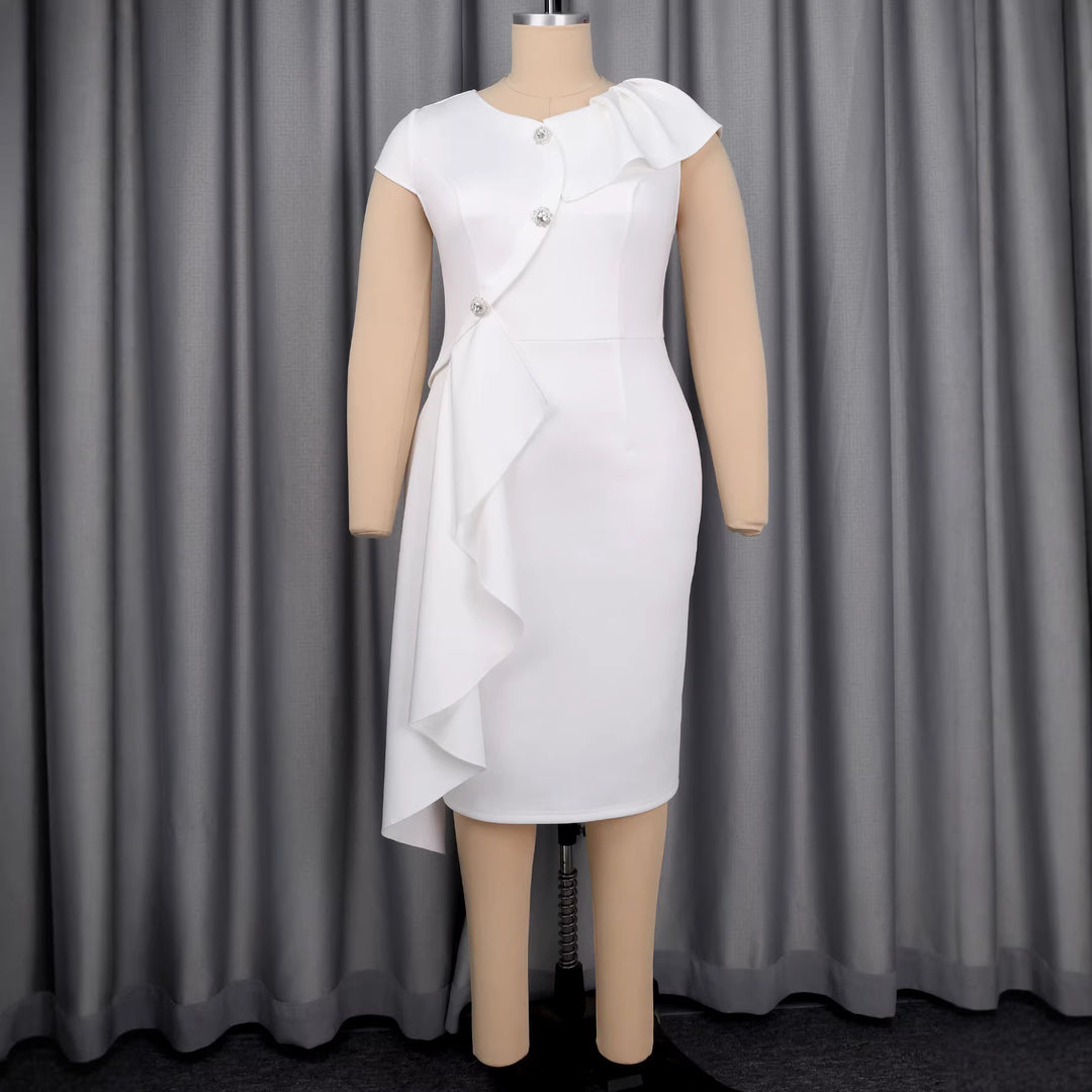 Dame elegant indpakningskjole med flæsekanter og glitrende knapdetaljer Skovae