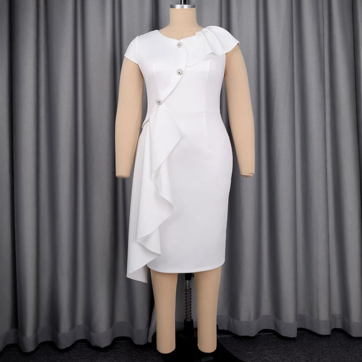 Dame elegant indpakningskjole med flæsekanter og glitrende knapdetaljer Skovae